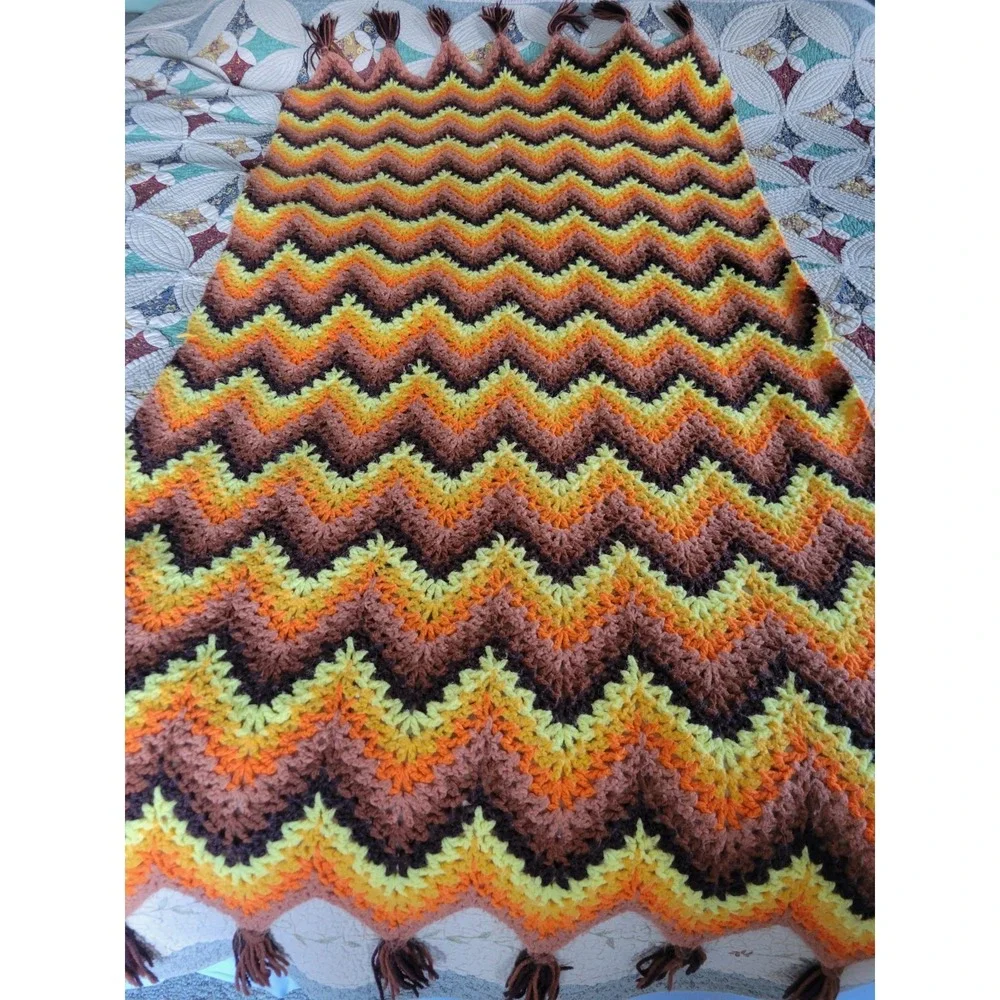 Retro Crochet Chevron Afghan Lap Throw Fall Colors Brown Orange Fringe 34x36